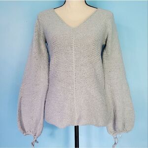 Anthropologie Guinevere Blueish Gray/Metallic V Neck Puff Sleeve Knit Sweater